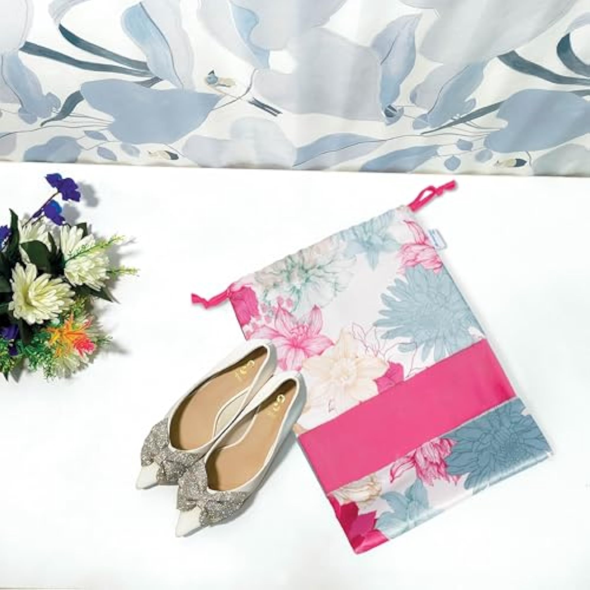 Gulmohar Luxe Drawstring Shoe Pouch Cover, Floral Design